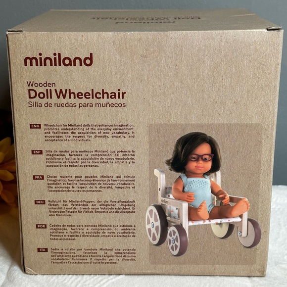 Miniland Wooden Doll Wheelchair Made with ECO Quality, FSC Certified Forest 18M+ - Picture 6 of 14